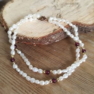 Genuine Pearl 🦪 Garnet GP Beads 2-Strand Vintage Wrap Bracelet 7"
